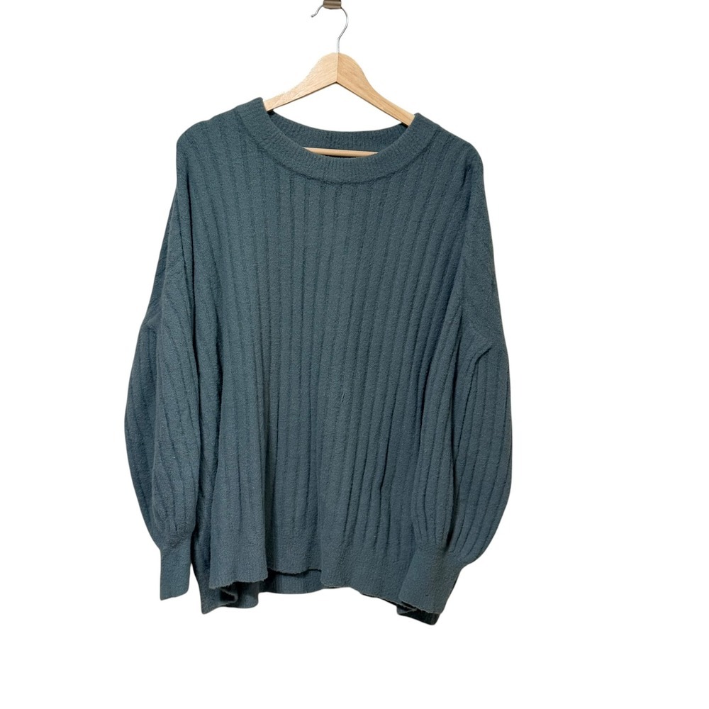 Aerie Womens Ribbed Oversized Balloon Sleeve Fuzzy Knit Sweater Teal Blue Medium